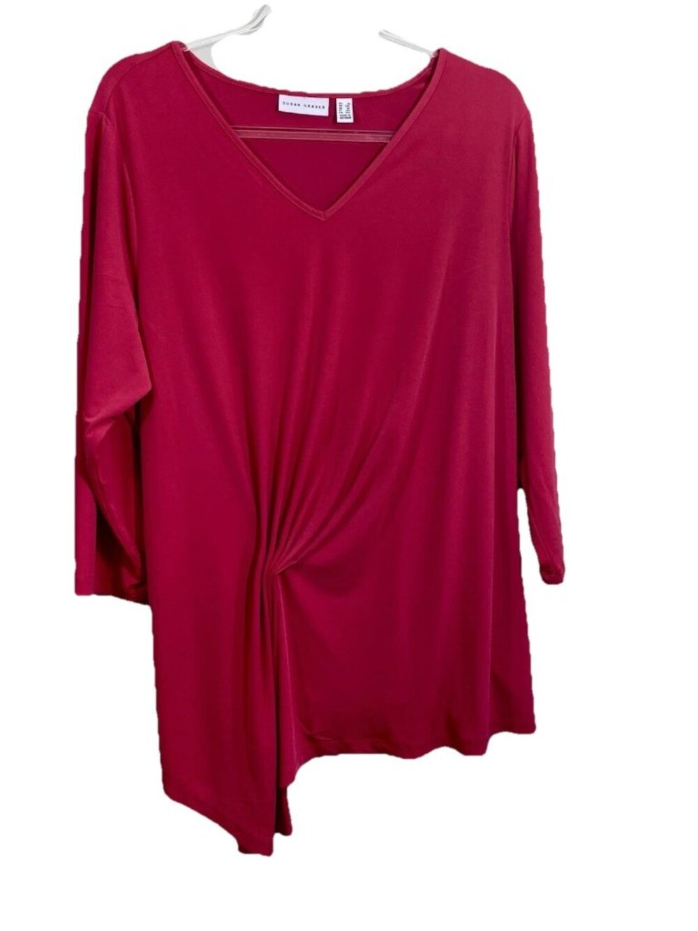 Susan Graver Size 1X Red V Neck Liquid Knit Tunic Top Ruching Detail 3/4 Slv NEW